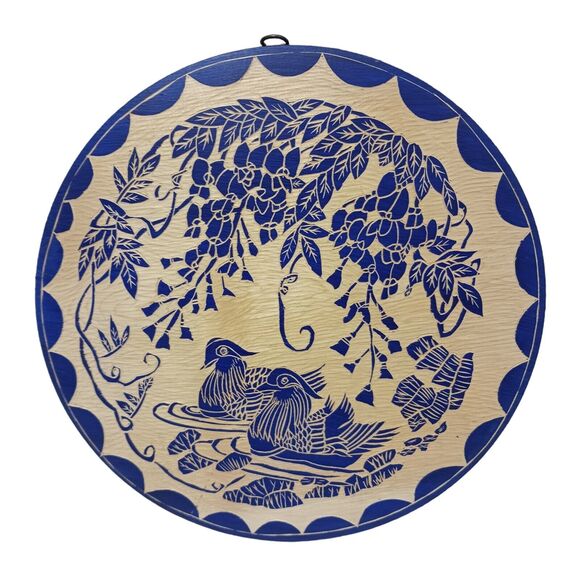 Asian Art Handcarved Wood 10" ROUND BLUE Block Painted BIRDS Ducks Water SIGNED - Picture 10 of 13